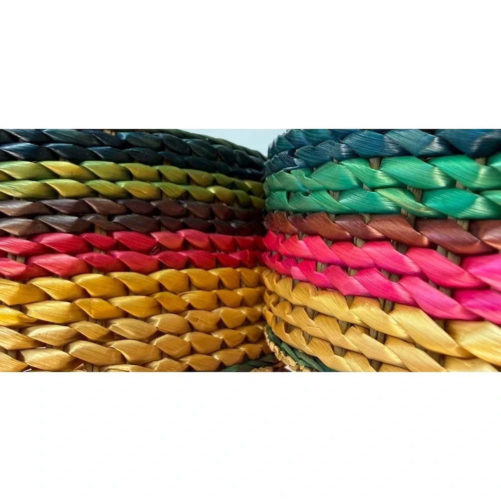 Vintage Woven Straw Nesting Baskets Set of 3 Lidded Boho Decor 1970s Striped